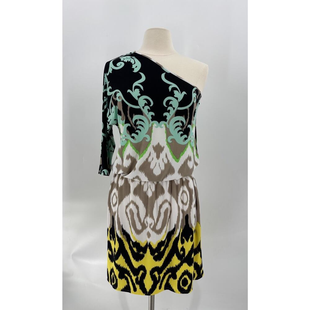 Tibi One Shoulder Dress Womens Small Multicolor Mix Print Stretchy Blouson